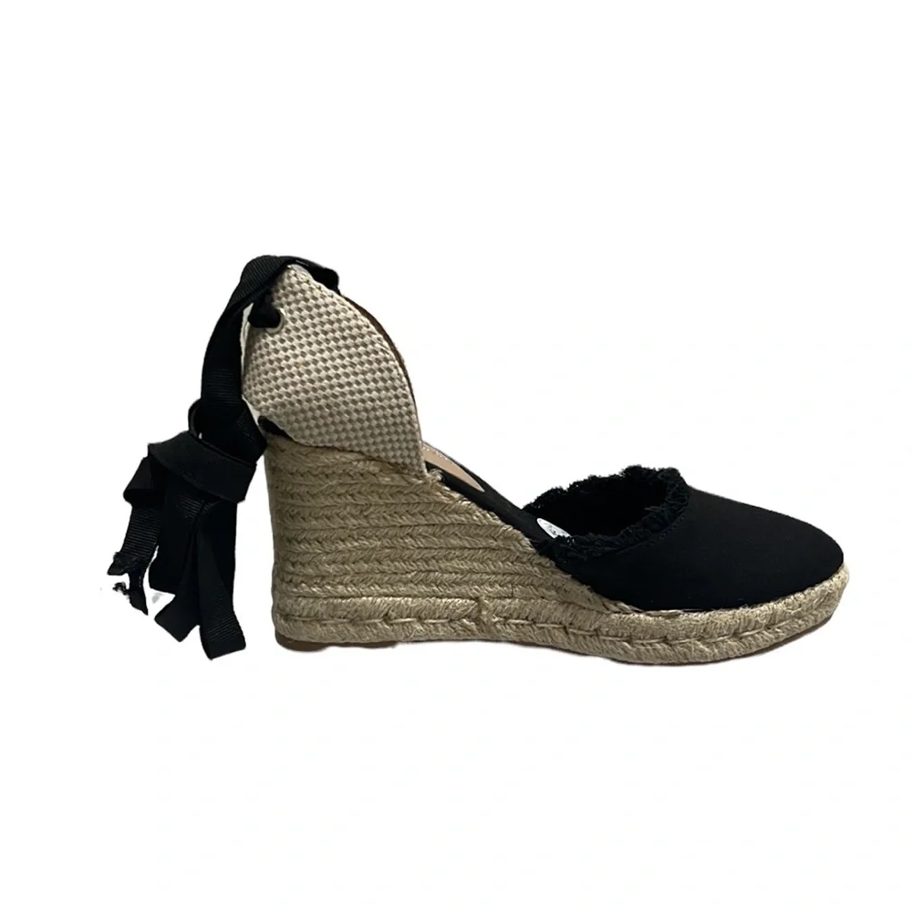 New Look Black Canvas Woven Tie Espadrille Wedges Size 39/US 8